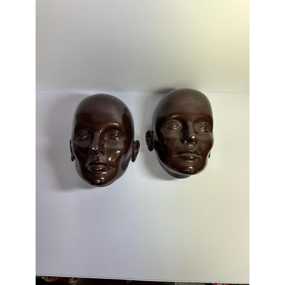 Vintage Female Face Wall Hanging Mask Decor Brown Glaze set‎ of 2